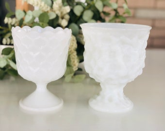 Vintage White Milk Glass Pedestal Planters or Bowls (Set of 2)