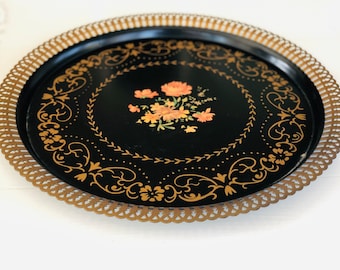 Vintage Metal Floral Serving Dinner  or Drinks Tray