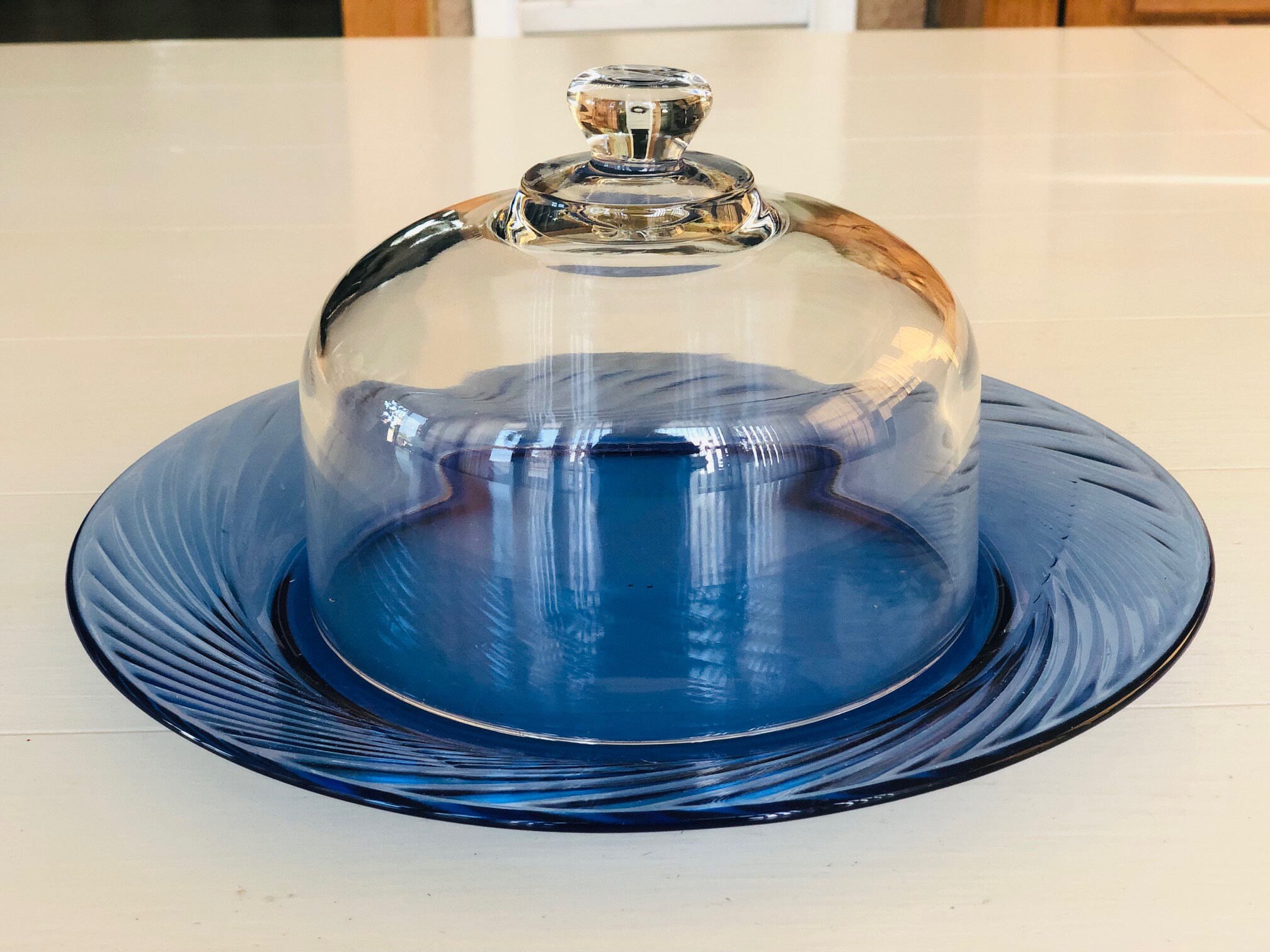 Vintage Clear Glass Cloche and Vintage Blue Glass Plate