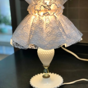 Vintage Milk Glass Hobnail Lamp with White Lamp Shade