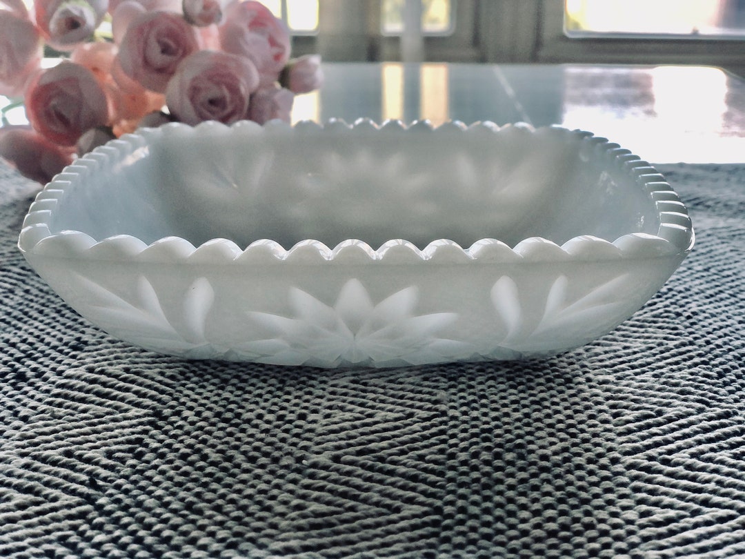 White Milk Glass Square Candy Dish With Floral Design Etsy