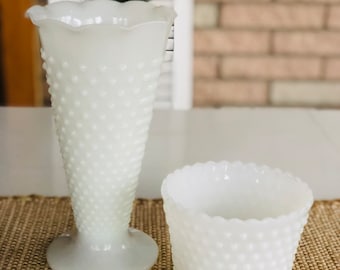 Vintage White Milk Glass Hobnail Vase and Planter (Set of 2)