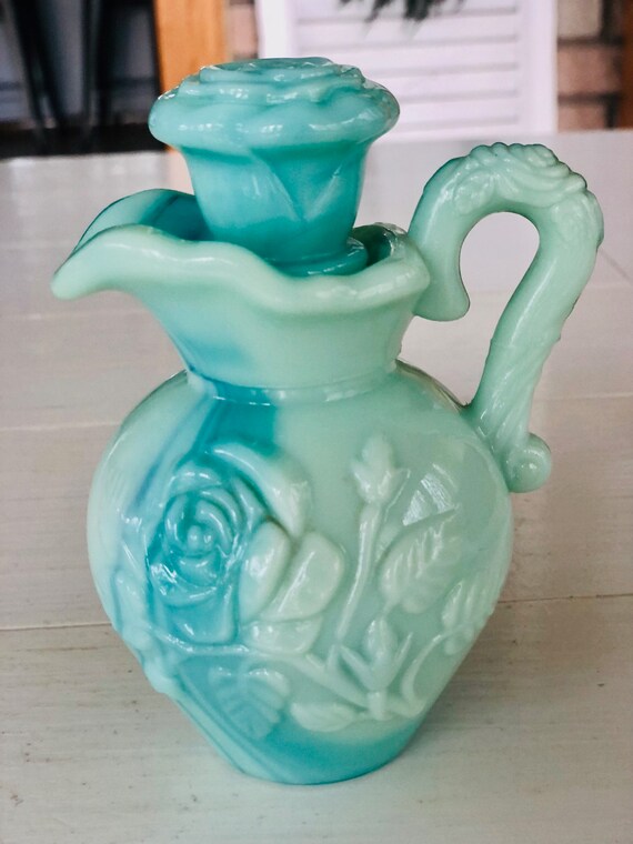 Vintage Aqua Blue Milk Glass Avon Pitcher Perfume… - image 6