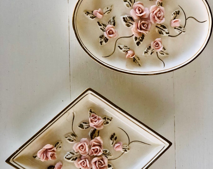 Vintage Ceramic Floral Wall Plaques set of 2 Lefton Bisque Porcelain