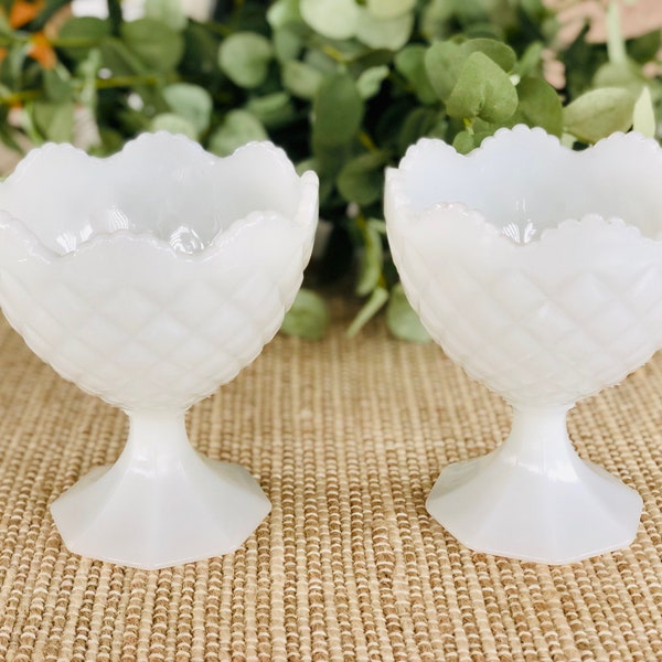 Vintage White Milk Glass Pedestal Bowl Pot Planters (Set of 2)