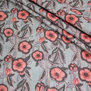 Grey Peach Floral, Batik Ikat Print Jaipur Hand Block Print fabric , 100% Cotton fabric