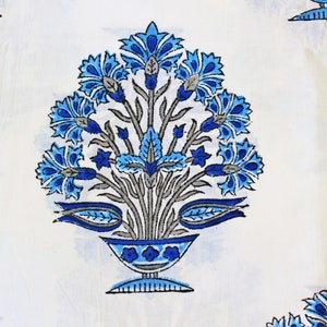 Floral Batik Fabric: White & Blue Mughal Hand Block Print, 100% Cotton