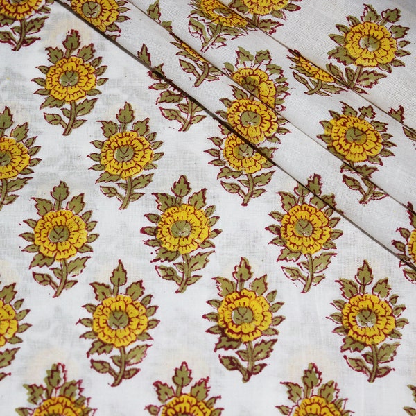 Traditional Hand made White, Yellow Sunflower Floral Batik Ikat Print Jaipur Hand Block Print fabric , 100% Cotton fabric