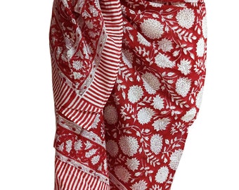 Paréos femme 100 % coton, Kalamkari floral rouge brique, paréos et couvertures indiens batik pour maillots de bain, (100 x 180 cm)