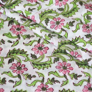 White Green Pink Floral Jal Batik Print Jaipur Hand Block Print fabric , 100% Cotton fabric