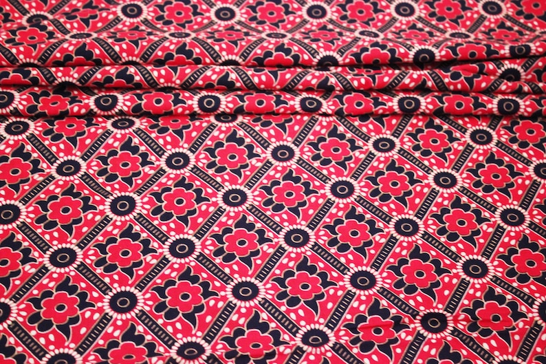 Red Black Batik Ikat Floral Jaipur Hand Block Print Fabric Etsy