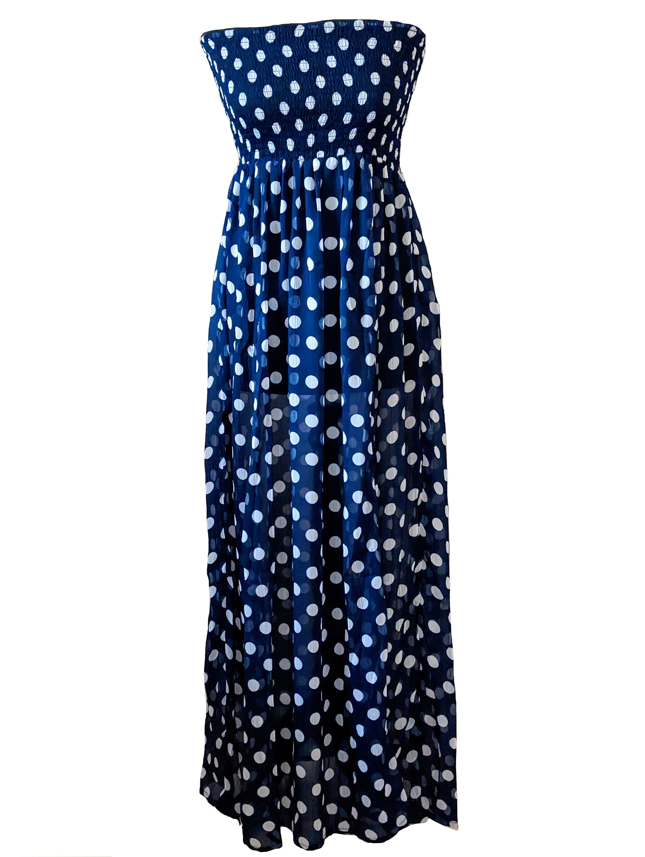 Blue Polka Dot Maxi Dress: Chiffon Strapless Beach Cover-Up