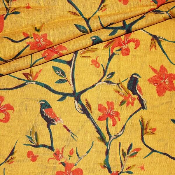 Jaune avec floral, oiseaux imprimés Jaipur Indian Hand Block Print tissu, tissu 100% coton