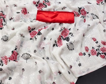 Floral Digital Print Georgette Saree: White Sequin Partywear