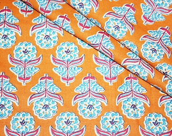 Mustard Yellow, Fuchsia Pink Floral Batik Ikat Kalamkari Jaipur Hand Block Print fabric , 100% Slub Cotton fabric, by the meter