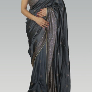 Cinza prateado, preto em dois tons, trabalho com diamante, sarees de roupas de festa de grife de casamento boutique com blusa