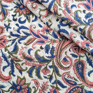 Hand Block Print Cotton Fabric: Pink Paisley Floral Batik, Jaipur Cotton