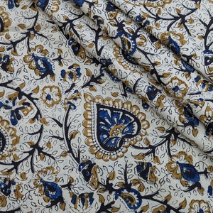 Beige, Blue Floral, Kalamkari Batik Print Jaipur Hand Block Print fabric , 100% Cotton fabric