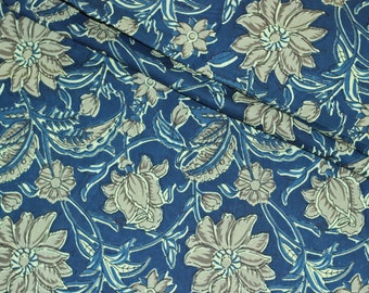 Blue, Grey Floral Batik Ikat Print Jaipur Indian Hand Block Print fabric , 100% Cotton fabric