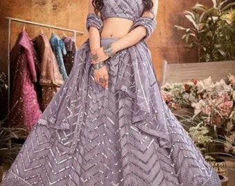 Lavender Chevron Design Net Embroidery Lehenga Choli, Unstitched Blouse for Indian Wedding Outfits, Partywear
