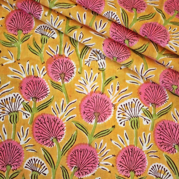 Green, Yellow with Pink Floral Batik Print Jaipur Indian Hand Block Print fabric , 100% Cotton fabric