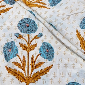 Blue Floral Mughal Butta Fabric: Hand Block Print 100% Cotton