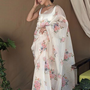 Floral Print Organza Silk Saree: Zardozi Cut Work, Party Cocktail Sari