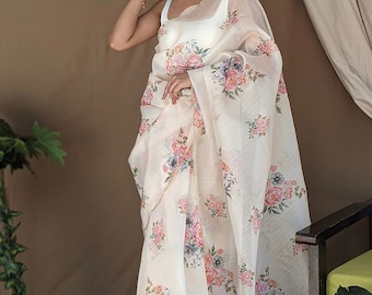 Floral Print Organza Silk Saree: Zardozi Cut Work, Party Cocktail Sari