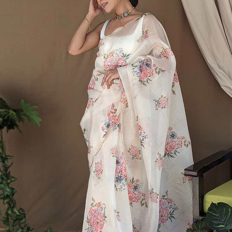 Women's Organza Silk Digital print Aari Work White Saree With Blouse Piece