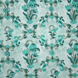 White, Green Floral Batik Jaal Print Jaipur Indian Hand Block Print fabric , 100% Cotton fabric