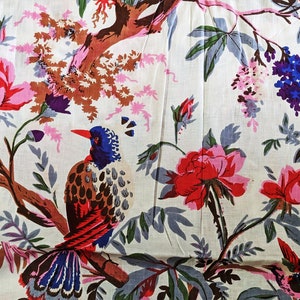 White, Off-White, Pink, Tropical Birds, Floral Batik Print Jaipur Indian Hand Block Print fabric , 100% Cotton fabric