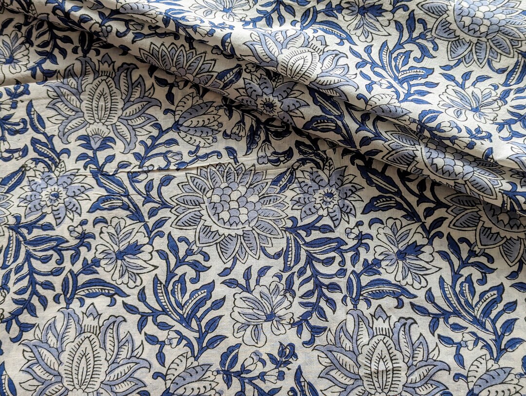 Blue Floral Batik Ikat Print Jaipur Hand Block Print Fabric , 100% ...