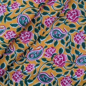 Mustard Base with Green, Pink Floral Batik Ikat Print Jaipur Hand Block Print fabric , 100% Cotton fabric