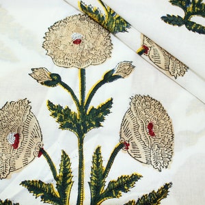 White Beige Green Floral Mughal Batik Ikat Print Jaipur Hand Block Print fabric , 100% Cotton fabric