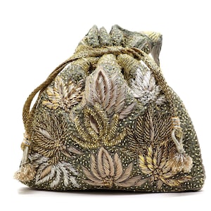 Grey Handmade Lotus Flower Glass Pipe beading Embroidery, zardozi work, Evening Polti hand bags, clutch purse