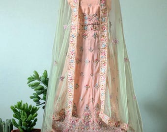 Pastel Peach Designer Georgette Resham Floral Embroidery Lehenga Choli For Indian Wedding Outfits, Partywear