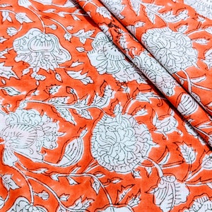 Orange Floral Kalamkari Batik Ikat Print Jaipur Hand Block Print fabric , 100% Cotton fabric