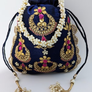 Seda hecha a mano azul, Zardozi, trabajo de bordado de perlas, bolsos de mano étnicos de noche Polti, bolso de mano, regalos de boda