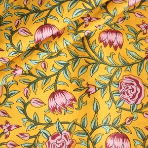Yellow, Pastel Green, Pink Peach Floral Batik Ikat Print Jaipur Hand Block Print fabric , 100% Cotton fabric