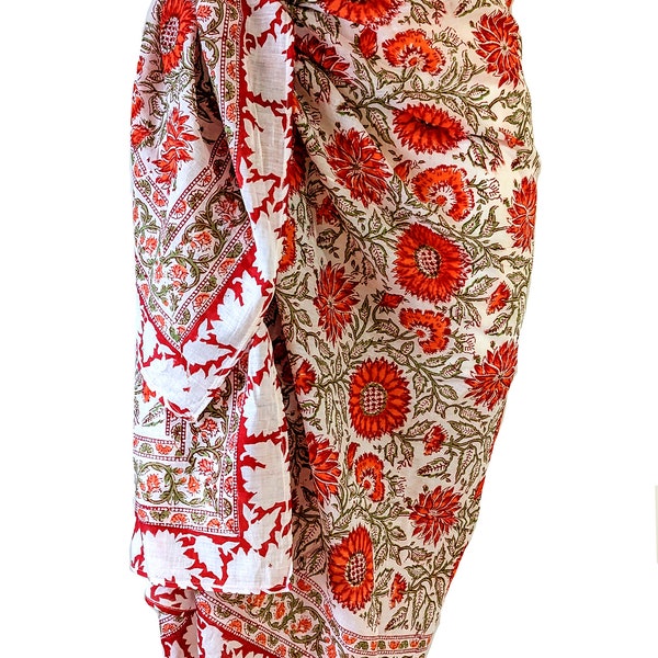 Femme Pareos 100% Coton, Floral Kalamkari, Batik Indian Hand Block Print Swimwear Sarongs & Cover-Ups, (100 CM X 180 CM)