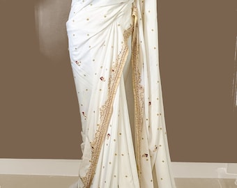 Ivory White Crepe Silk Saree: Handwork Zardozi, Motifs, Readymade Blouse