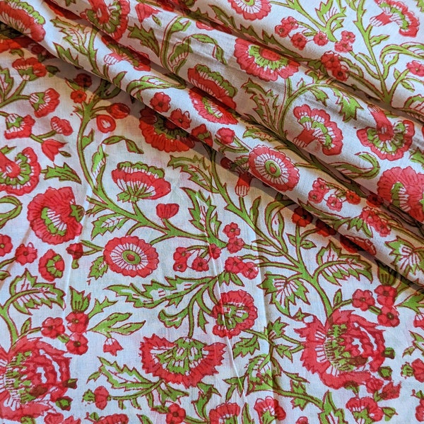 White, Coral Pink Floral Print Batik Ikat Paisley Floral Print Jaipur Hand Block Print fabric , 100% Cotton fabric