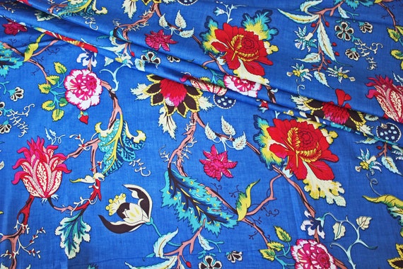 Blue Multicoloured Floral Batik Ikat Print Jaipur Hand Block | Etsy
