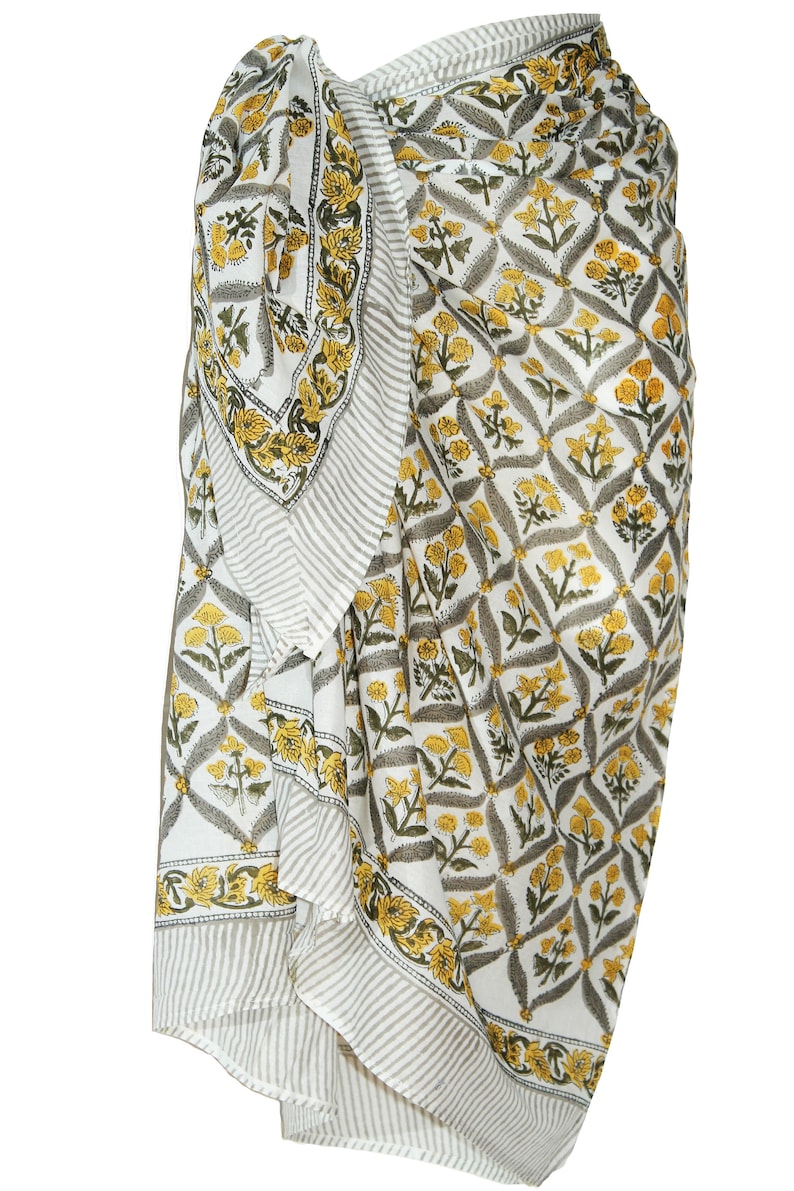 Paréos 100 % coton, Kalamkari floral, batik indien, imprimés faits à la main, maillots de bain, paréos et couvertures, 100 x 180 cm White Grey Yellow