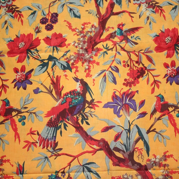 Amber Yellow Bird Print Jaipur Hand Block Print fabric , 100% Cotton fabric