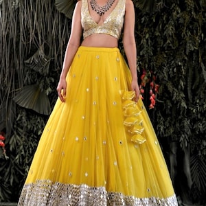 Yellow Foil Mirror Designer Chiffon Embroidery Lehenga Choli, Unstitched Blouse For Indian Wedding Outfits, Partywear