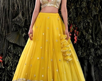Yellow Chiffon Lehenga Choli with Foil Mirror Embroidery (Unstitched)