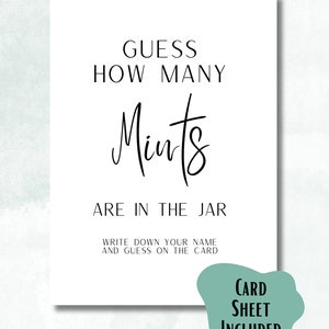 May include: A white card with black text that reads "Guess how many mints are in the jar. Write down your name and guess on the card. Card sheet included."