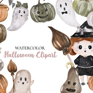 Watercolor Halloween Clipart, Halloween PNG, Cute Halloween, Cute Pumpkin Clipart, Cute Witch, Halloween Pumpkin, Digital Download