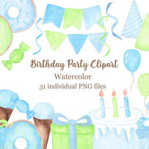 Watercolor Blue Birthday Clipart, Baby Boy Party Clipart, Balloons, Cake, Ice Cream, Donut, Party Hats, Instant Download, 31 PNG